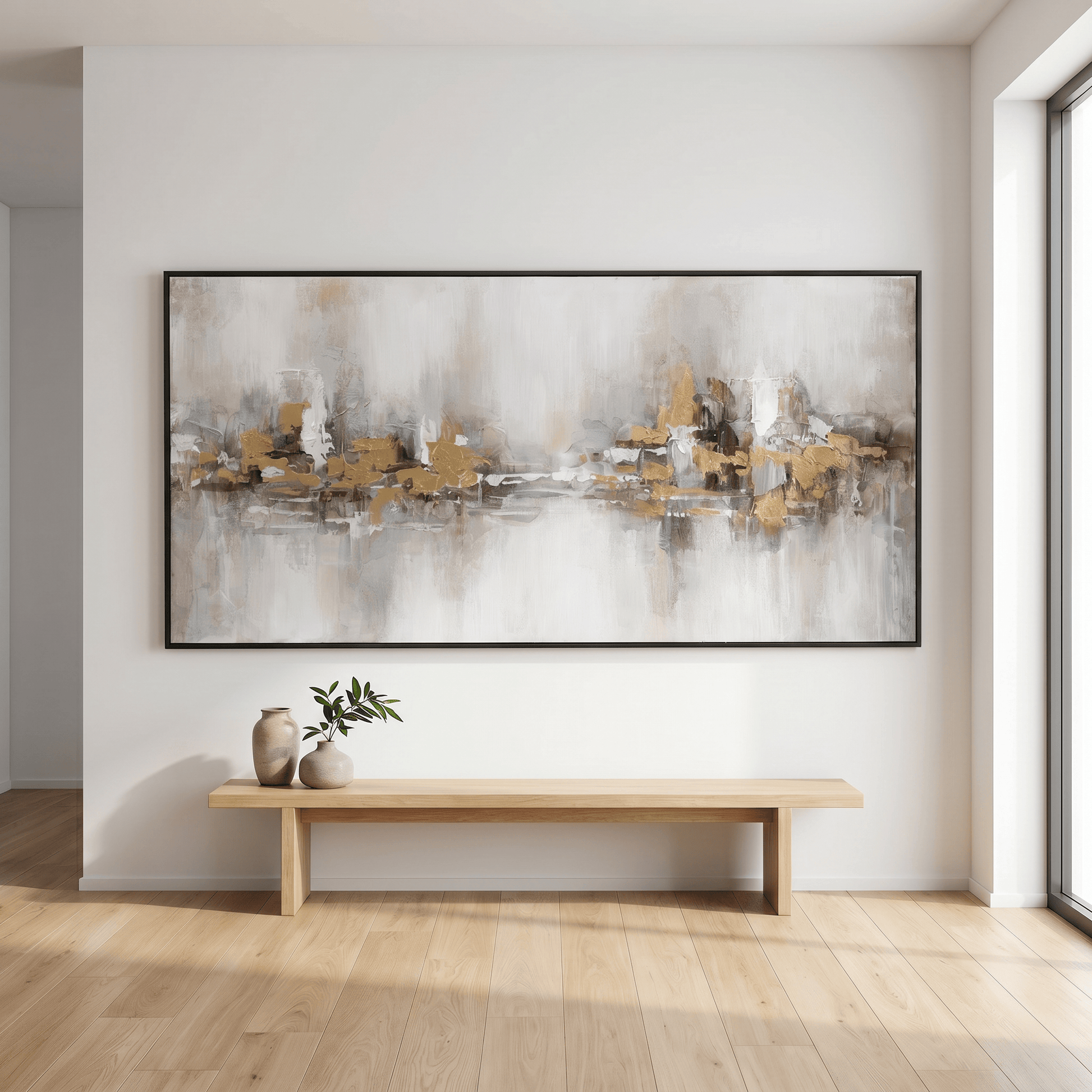 Pictures  -  Gold Abstract Painting on Canvas with Black Frame - 140 x 70cm  -  60484965