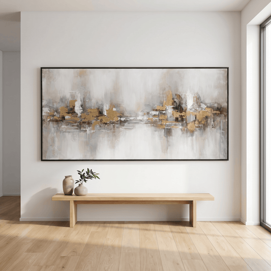 Pictures  -  Gold Abstract Painting on Canvas with Black Frame - 140 x 70cm  -  60484965