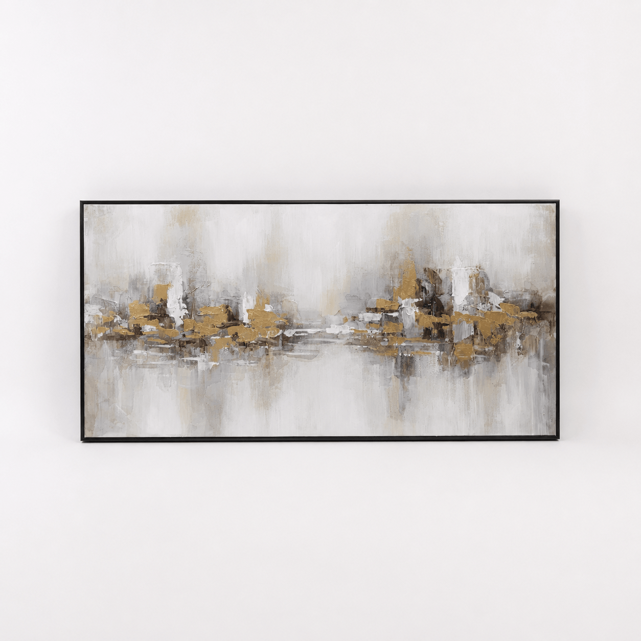 Pictures  -  Gold Abstract Painting on Canvas with Black Frame - 140 x 70cm  -  60484965