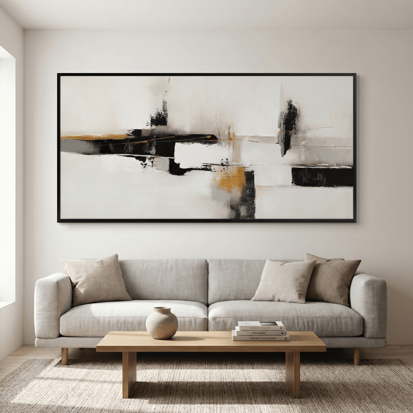 Pictures  -  Black & Gold Abstract Painting on Canvas with Black Frame - 140 x 70cm  -  60484969