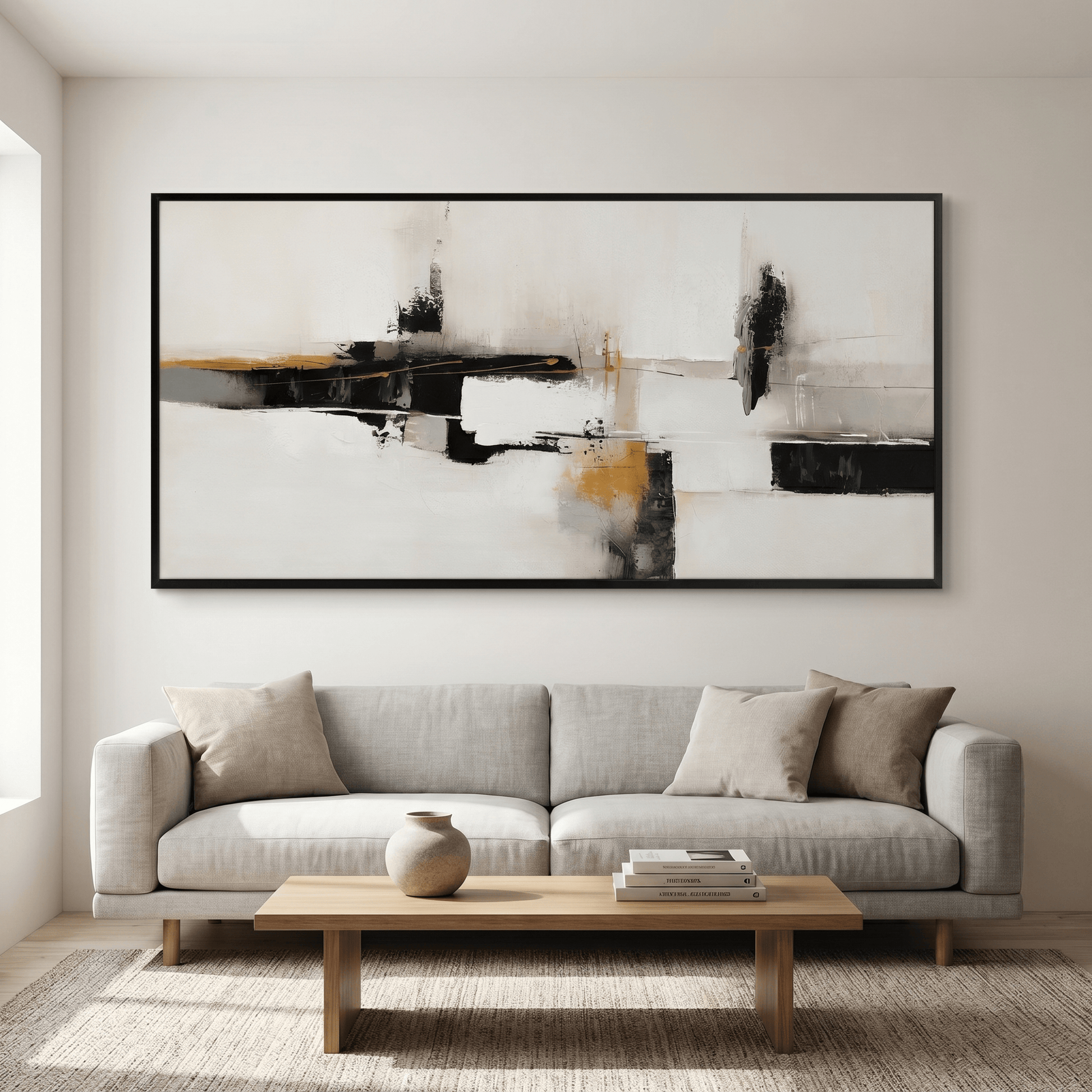 Pictures  -  Black & Gold Abstract Painting on Canvas with Black Frame - 140 x 70cm  -  60484969