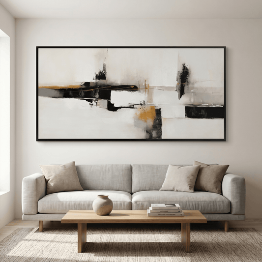Pictures  -  Black & Gold Abstract Painting on Canvas with Black Frame - 140 x 70cm  -  60484969