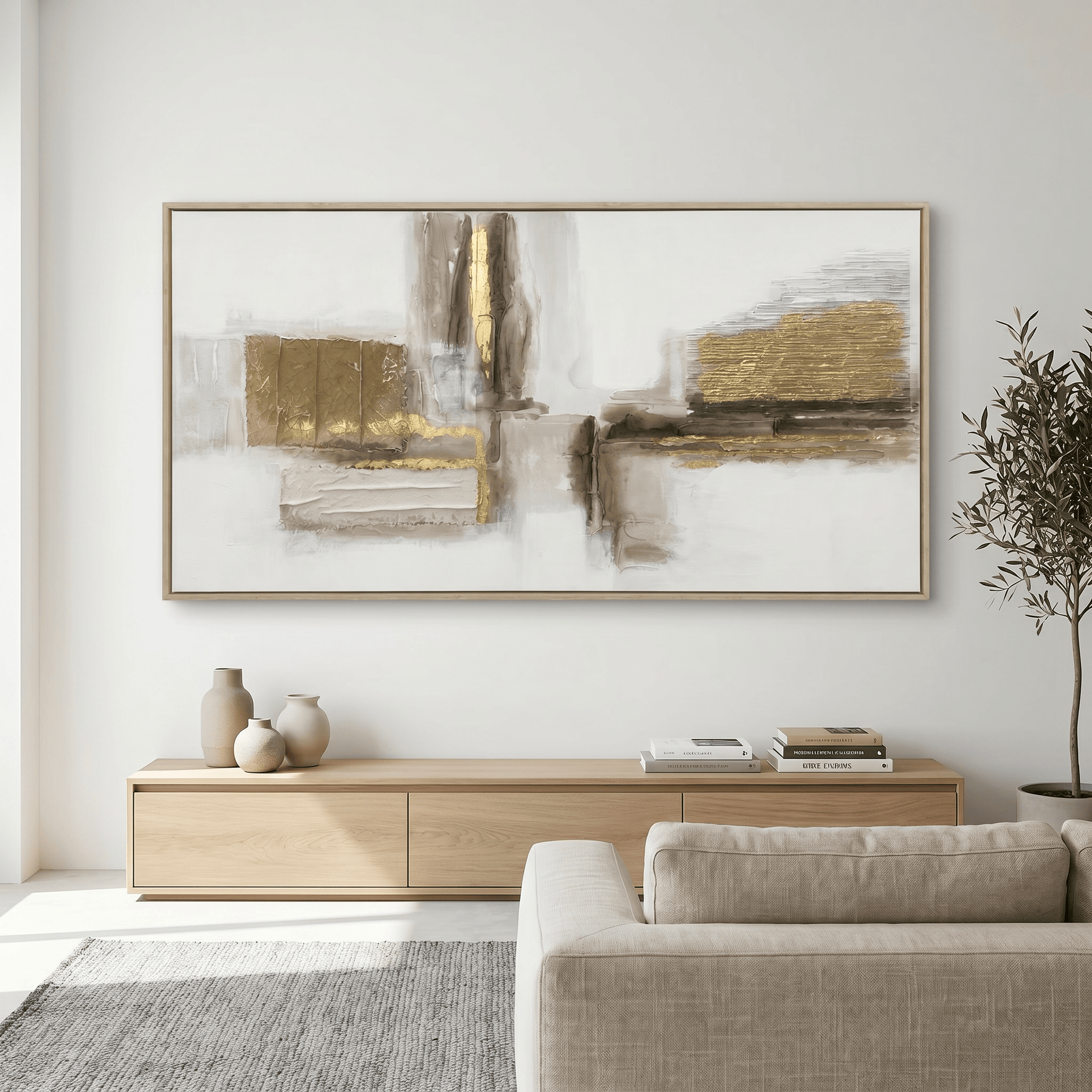Pictures  -  Gold Abstract Painting on Canvas With Light Wood Frame - 140 x 70cm  -  60484970