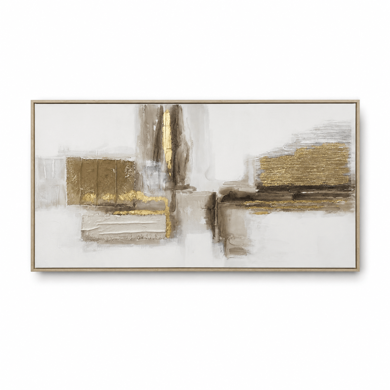 Pictures  -  Gold Abstract Painting on Canvas With Light Wood Frame - 140 x 70cm  -  60484970