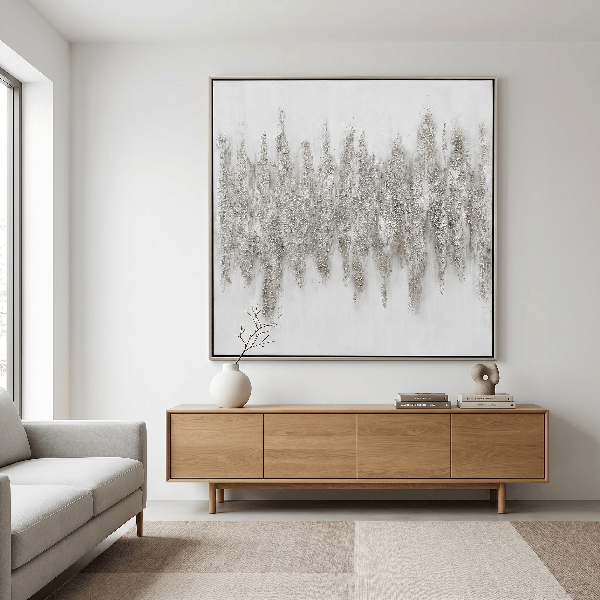 Pictures  -  Silver Painting on Canvas with Silver Frame - 100 x 100cm  -  60484972