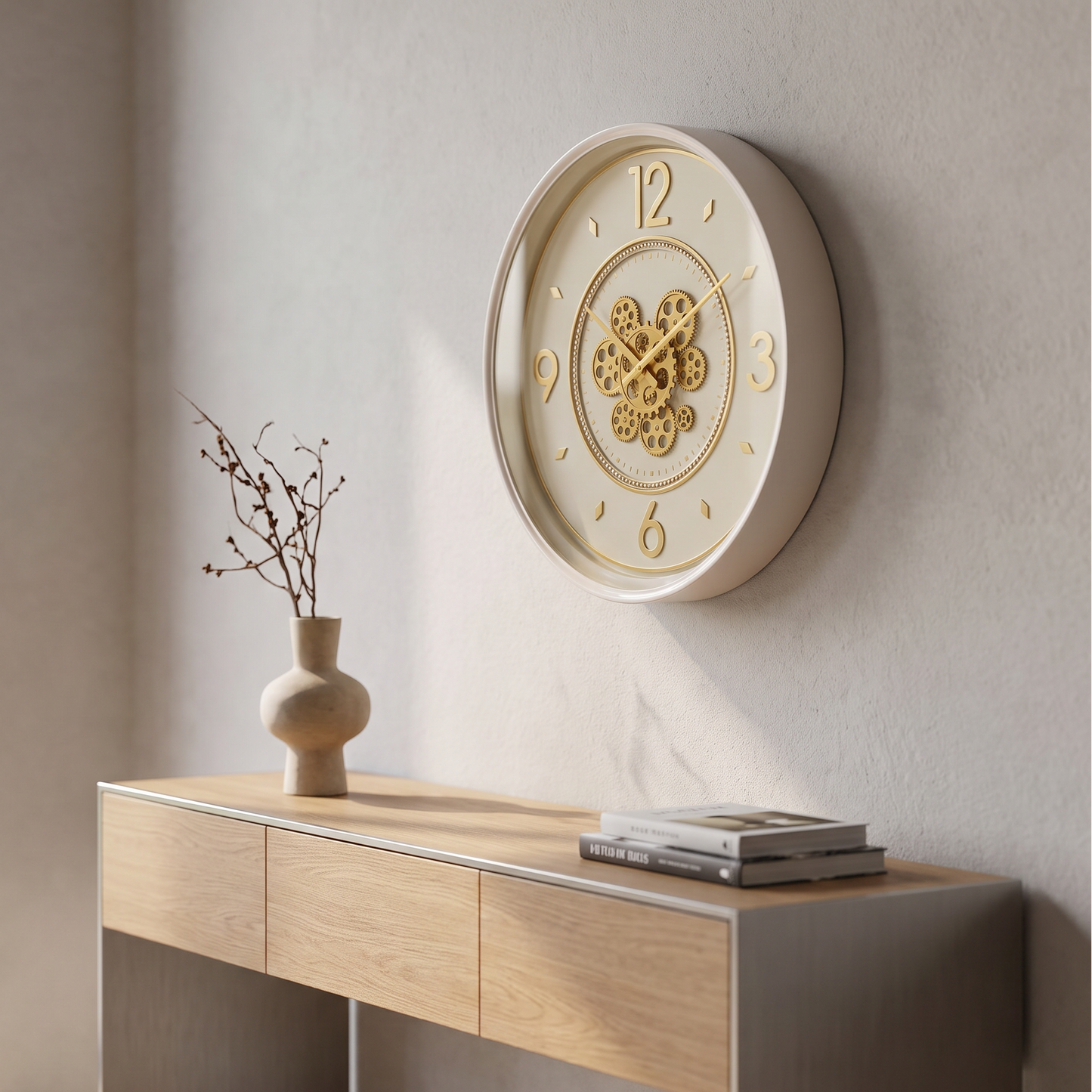 60485393 Beige & Gold Wall Clock - 55.5cm displayed above console table in modern neutral interior