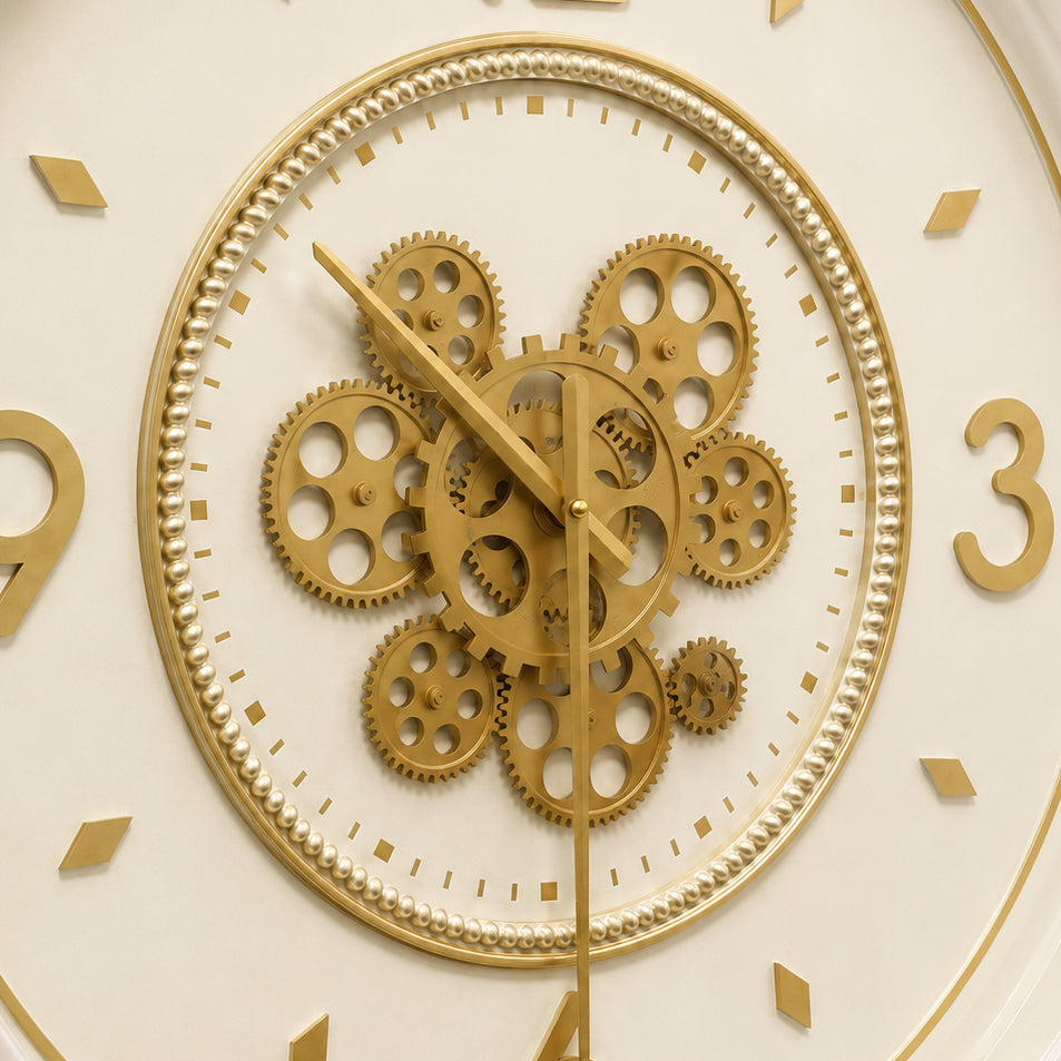 60485393 Beige & Gold Wall Clock - 55.5cm detailed close-up of decorative gold gear centre