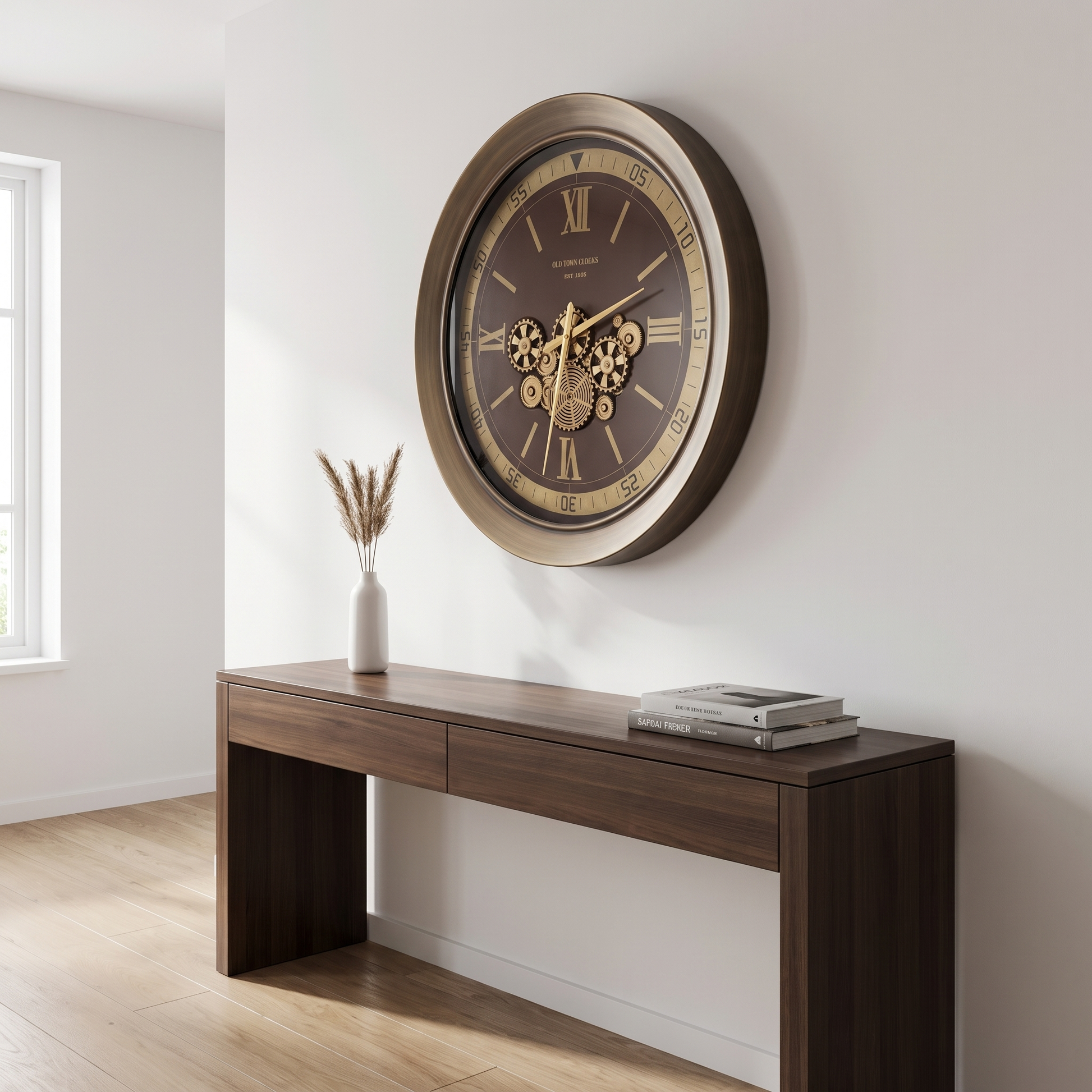 60485396 Brown & Gold Wall Clock - 100.5cm displayed above console table in modern neutral interior