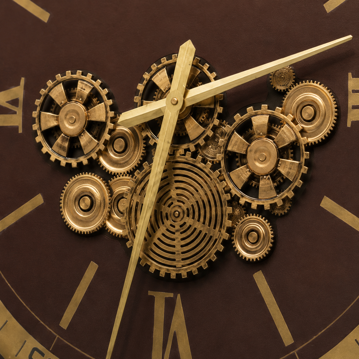 60485396 Brown & Gold Wall Clock - 100.5cm close-up of decorative gold gear-style centre and clock hands