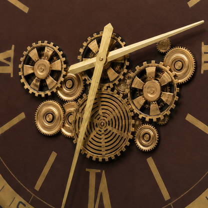 60485396 Brown & Gold Wall Clock - 100.5cm close-up of decorative gold gear-style centre and clock hands