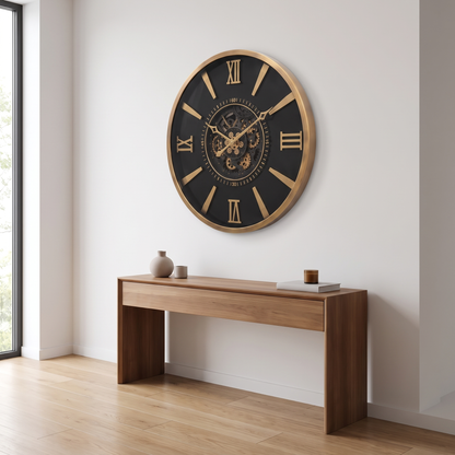 60485399 Black & Gold Wall Clock - 100cm displayed above console table in modern contemporary interior