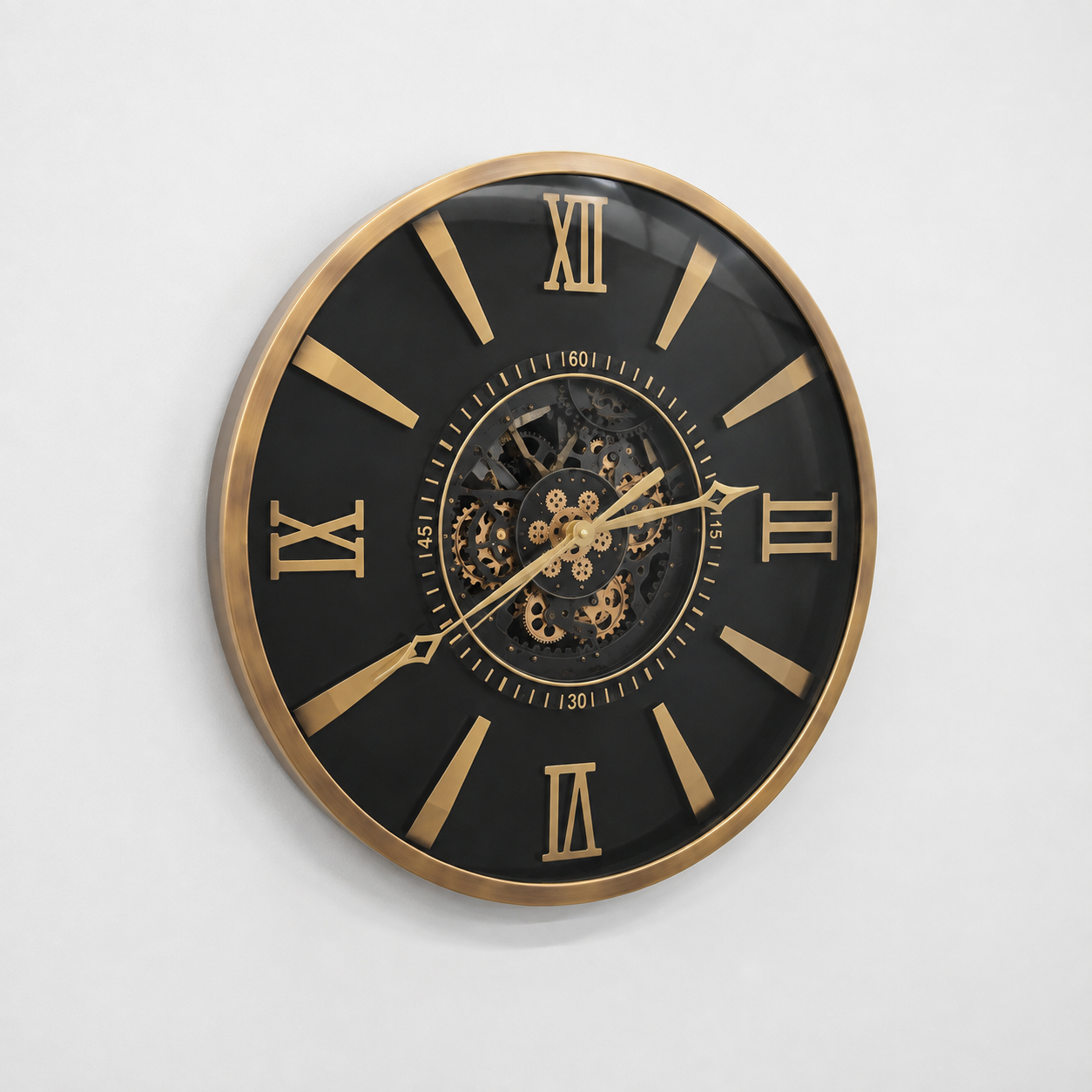 60485399 Black & Gold Wall Clock - 100cm angled view with gold Roman numerals and decorative gears