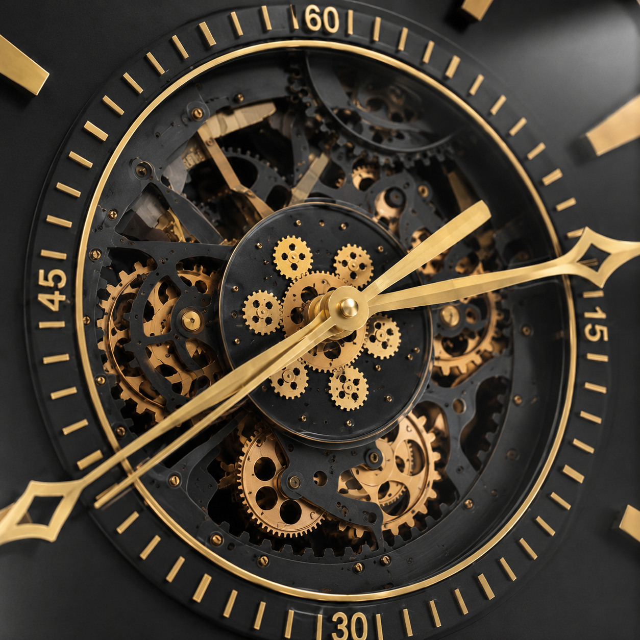 60485399 Black & Gold Wall Clock - 100cm close-up of decorative gold and black exposed gear-style centre