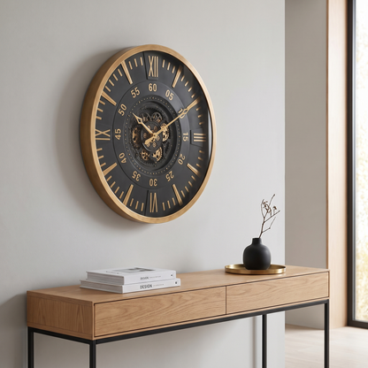 60485400 Black & Gold Wall Clock - 100cm displayed above console table in modern contemporary interior
