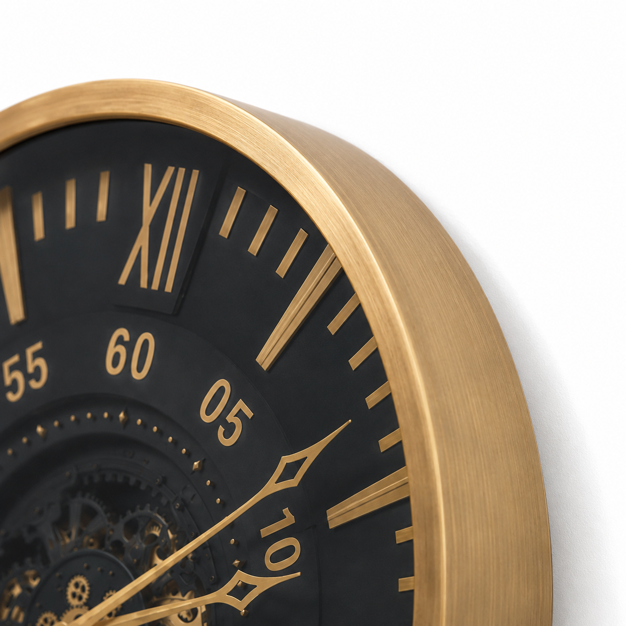 60485400 Black & Gold Wall Clock - 100cm close-up of brushed gold-effect frame and Roman numeral clock face