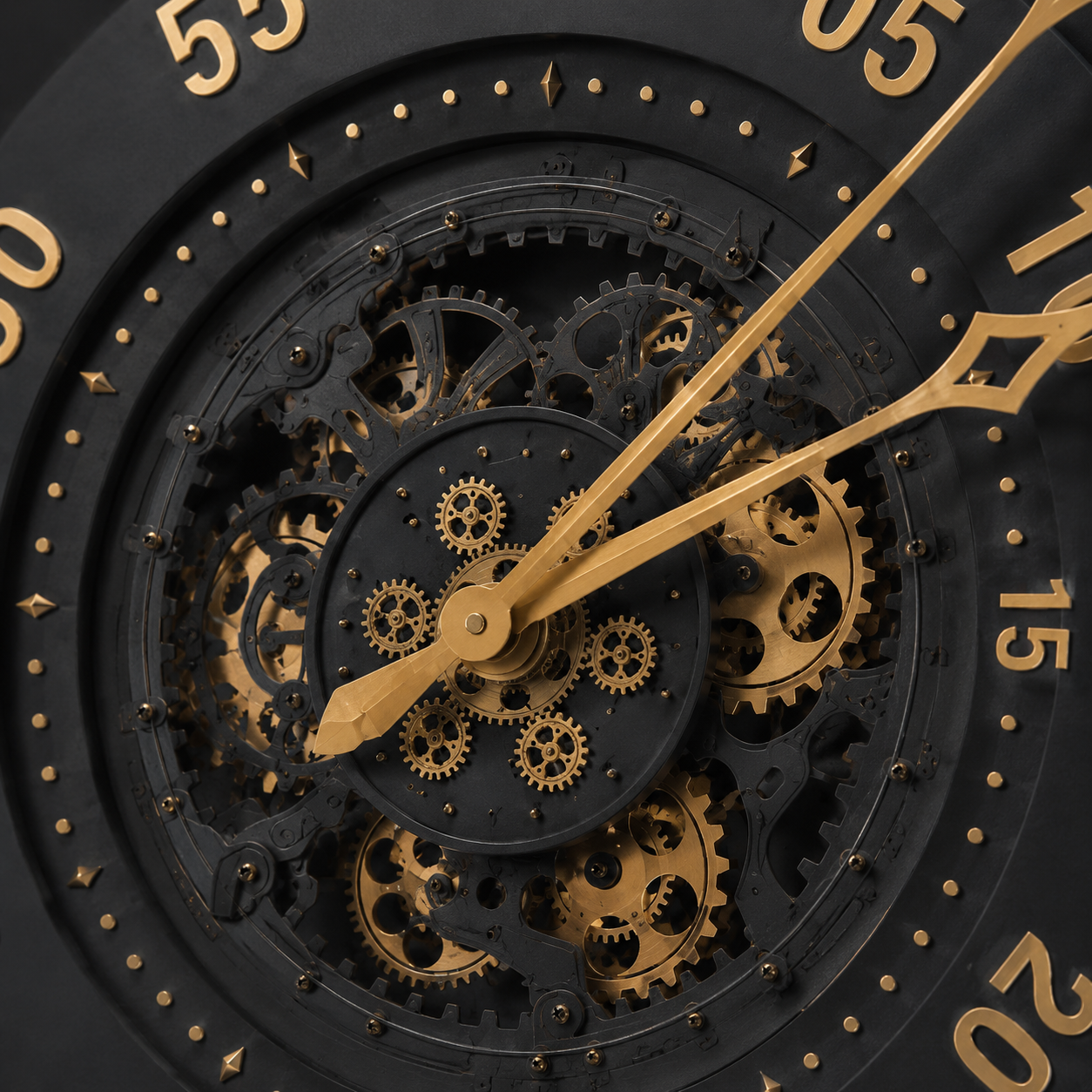 60485400 Black & Gold Wall Clock - 100cm close-up of decorative black and gold gear-style centre