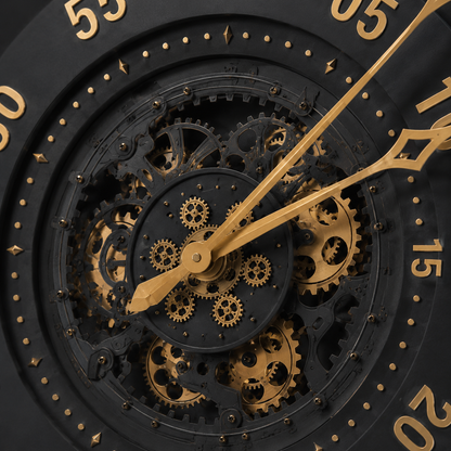 60485400 Black & Gold Wall Clock - 100cm close-up of decorative black and gold gear-style centre