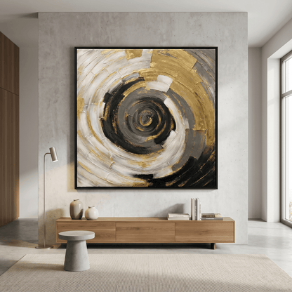 Pictures  -  Yiwu Black & Gold Spiral Painting on Canvas with Black Frame - 100 x 100cm  -  60485672