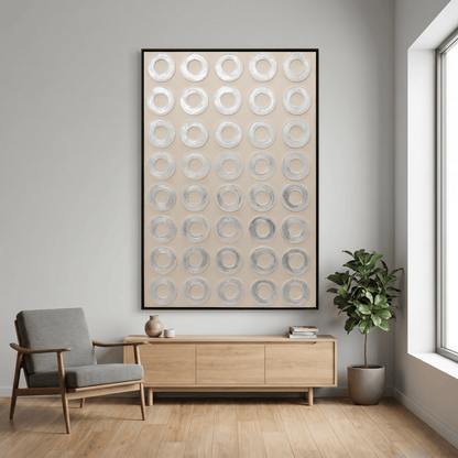 Pictures  -  Yiwu Silver Detail Circle Painting on Canvas with Black Frame - 120 x 80cm  -  60485673