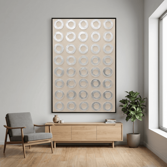 Pictures  -  Yiwu Silver Detail Circle Painting on Canvas with Black Frame - 120 x 80cm  -  60485673