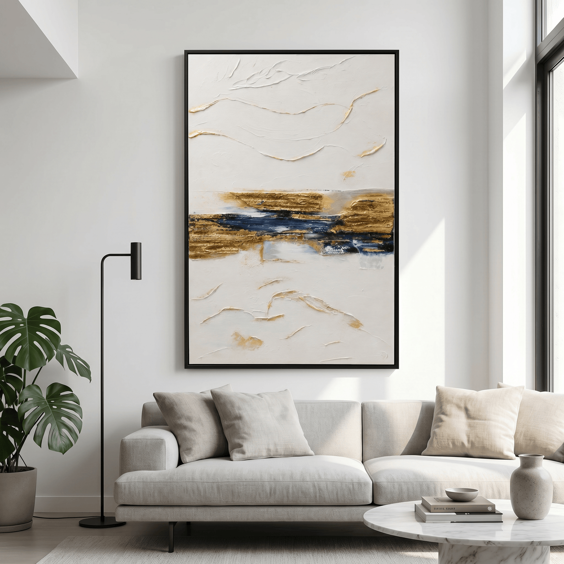 Pictures  -  Yiwu Blue & Gold Detail Painting on Canvas with Black Frame - 120 x 80cm  -  60485680