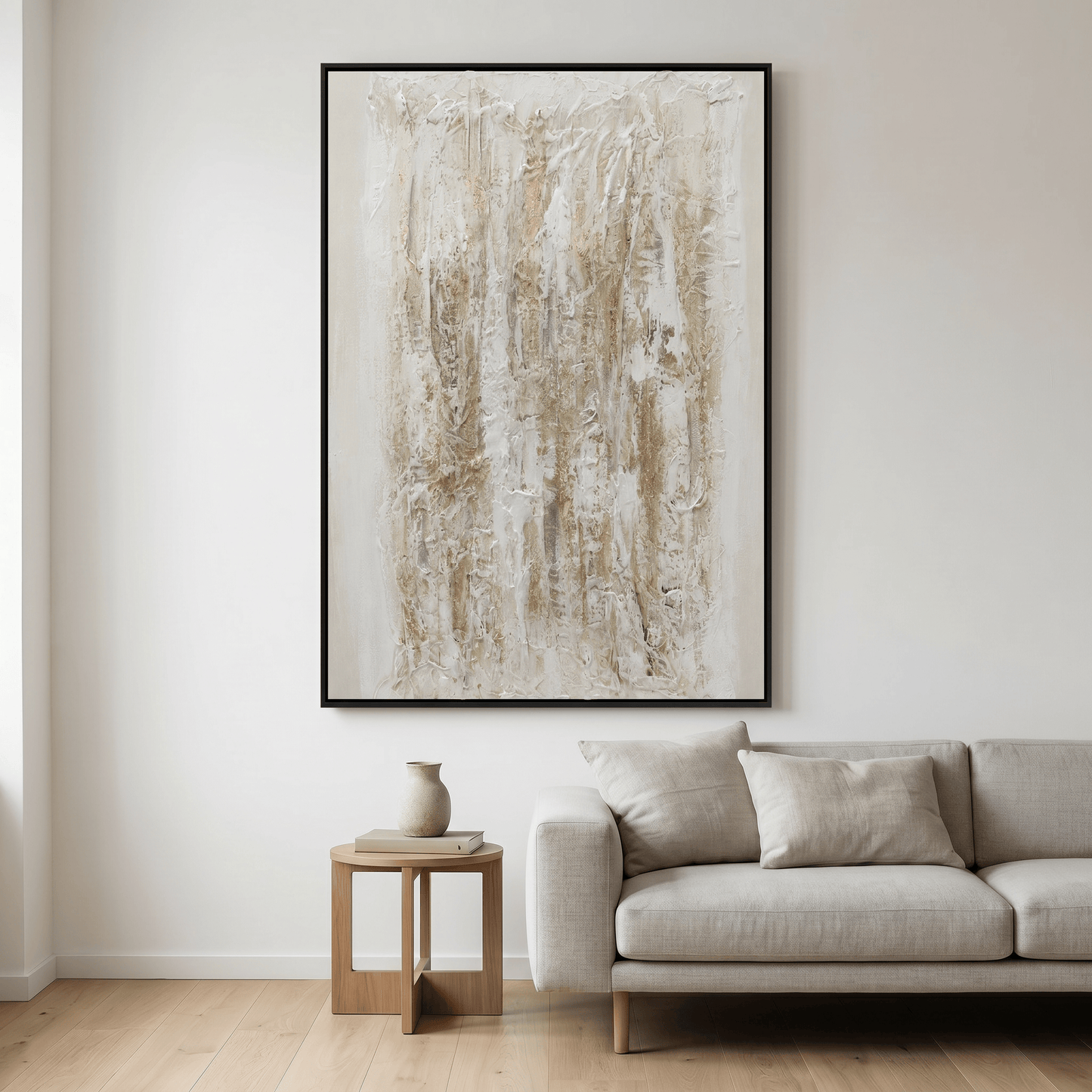 Pictures  -  Yiwu White & Cream Textured Painting on Canvas with Black Frame - 120 x 80cm (1)  -  60485688