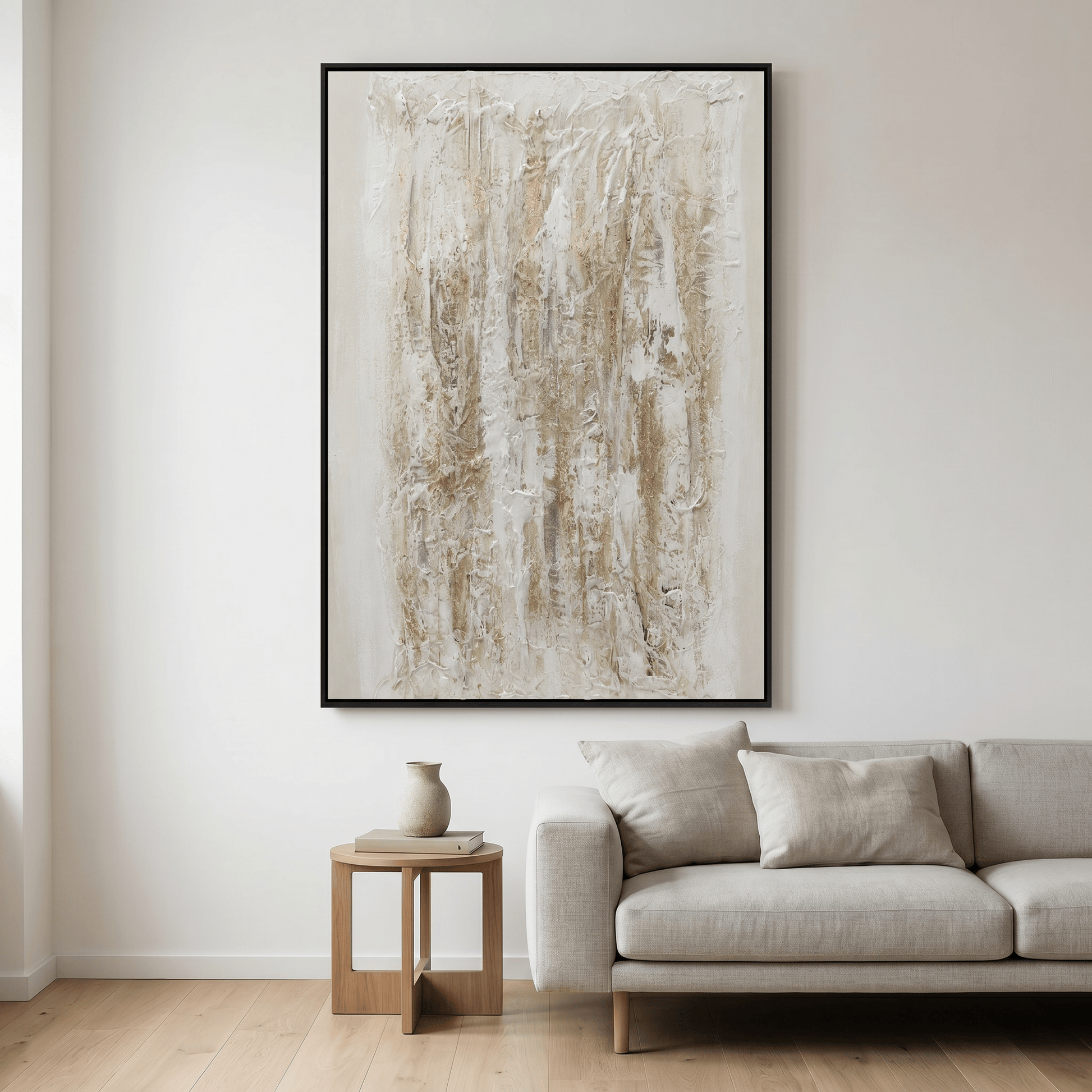 Pictures  -  Yiwu White & Cream Textured Painting on Canvas with Black Frame - 120 x 80cm (1)  -  60485688