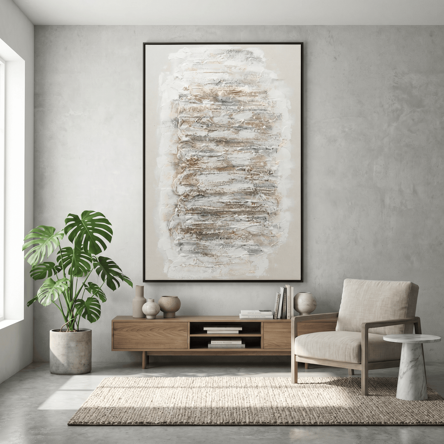Pictures  -  Yiwu White & Cream Textured Painting on Canvas with Black Frame - 120 x 80cm (2)  -  60485689