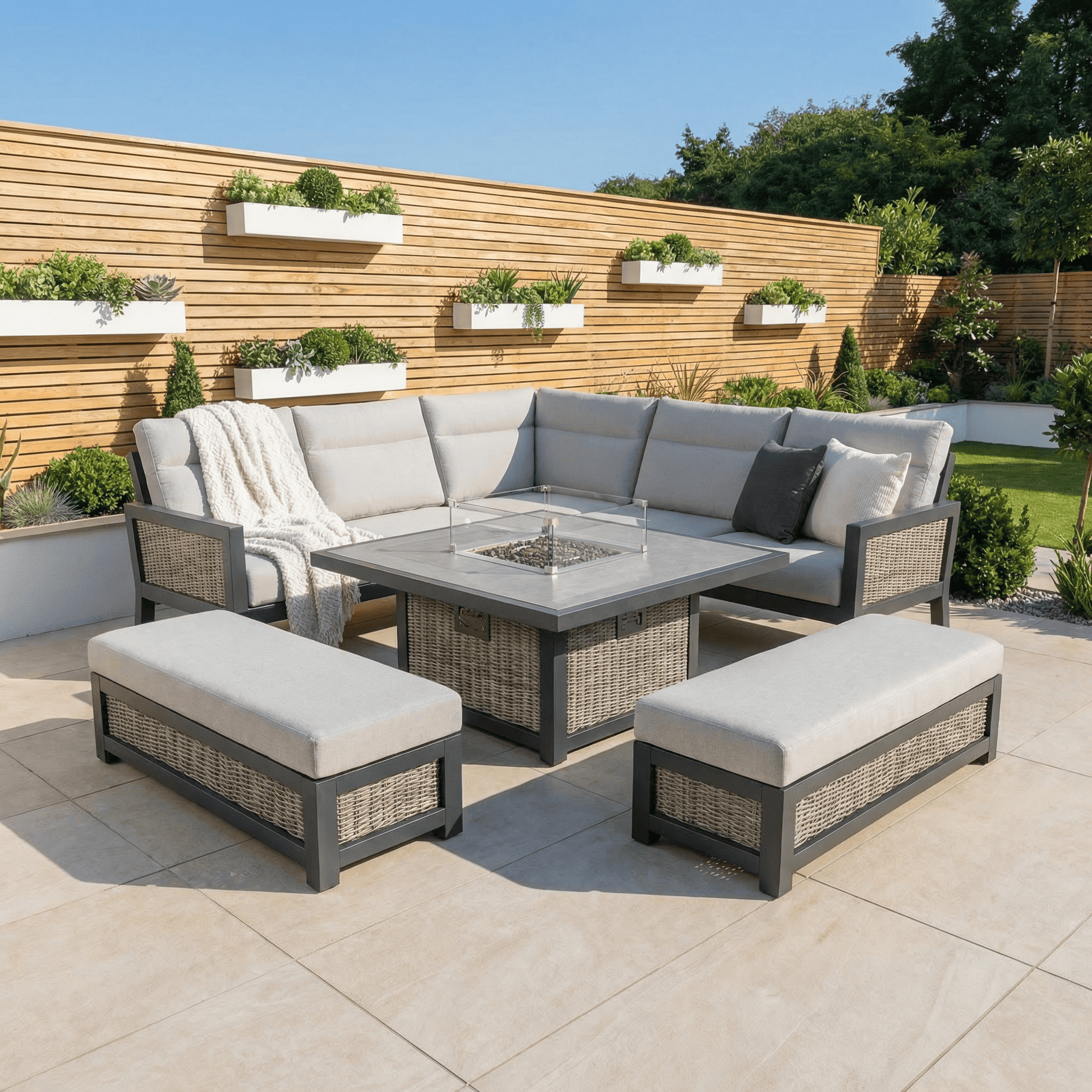 Gardening  -  Ascot Firepit Bench Set - Grey  -  60485957