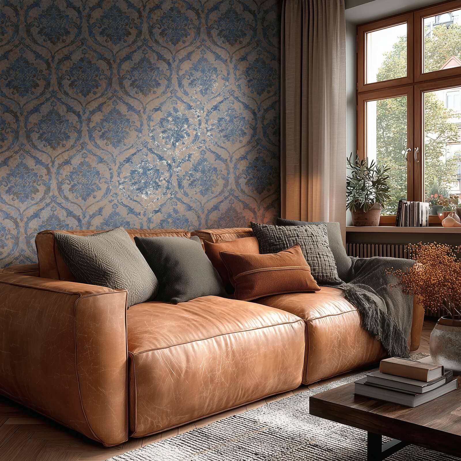 Wallpaper  -  A.S Creations Davide Maison Du Temps Damask Blue & Brown - 79019-1  -  60486545