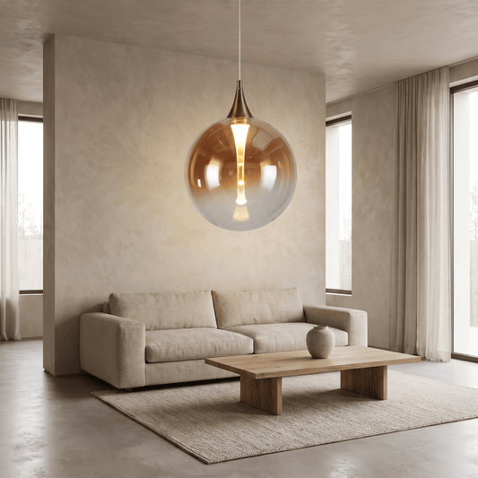 Lights  -  Alchemy 1 Light Pendant Ceiling Light - Black Metal & Amber Glass  -  60191804