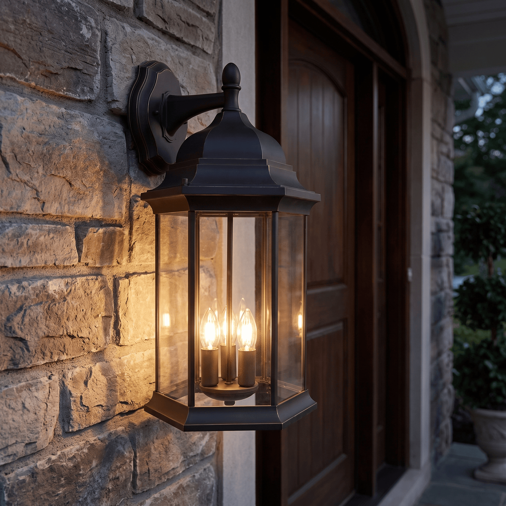 Ardley Outdoor Lantern Wall Light Bronze illuminated beside exterior stone entrance