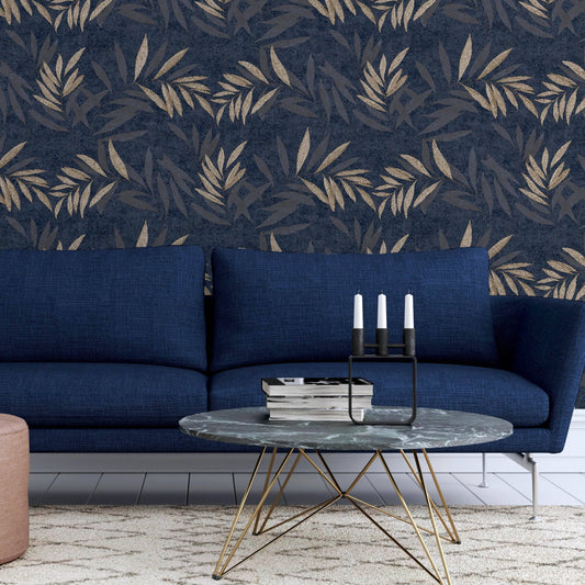 Wallpaper  -  Arthouse Luxury Navy Leaf Wallpaper - 299301  -  60003803
