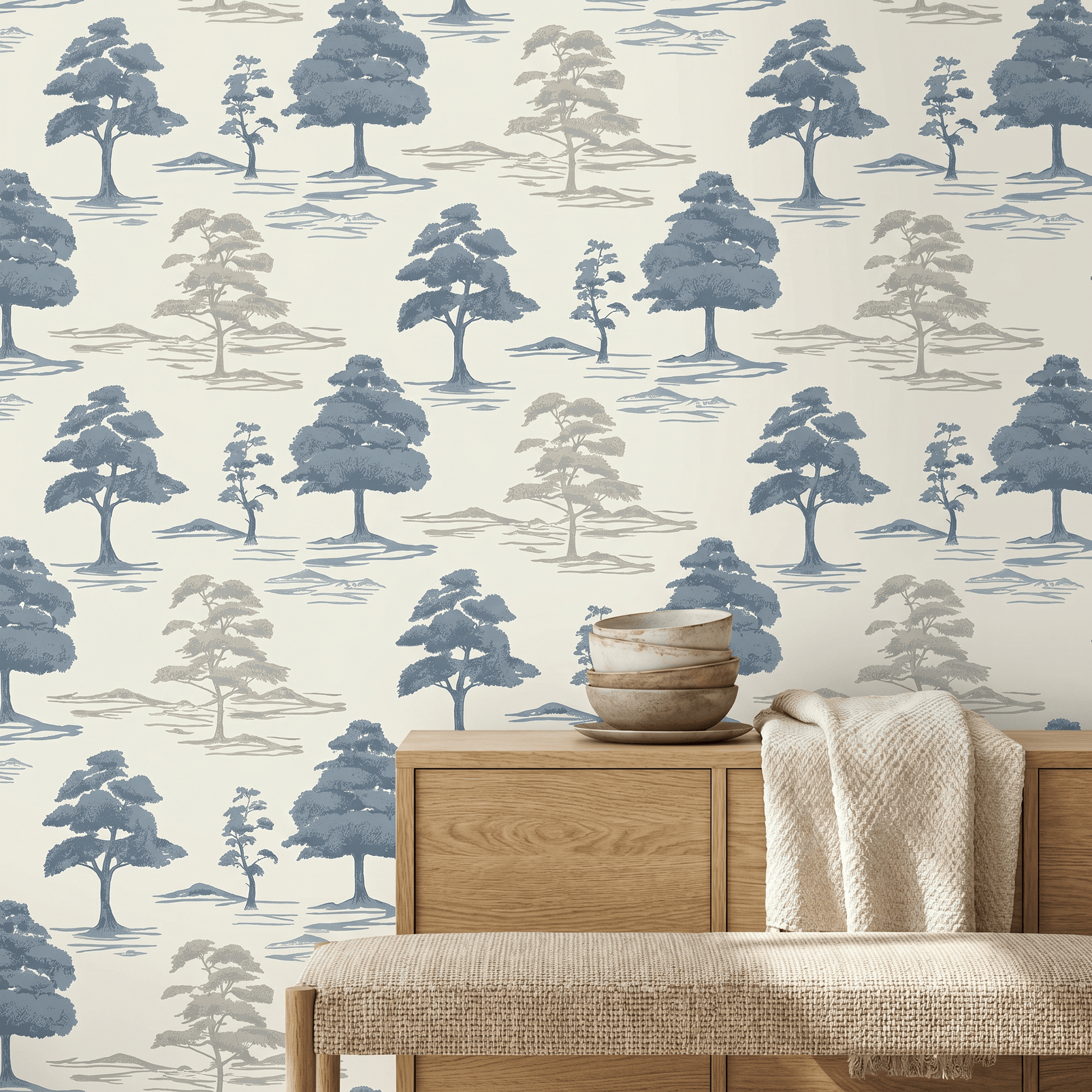 Carlotta Blue Tree Luxury Italian Heavyweight textured Wallpaper behind a sideboard with a bench 