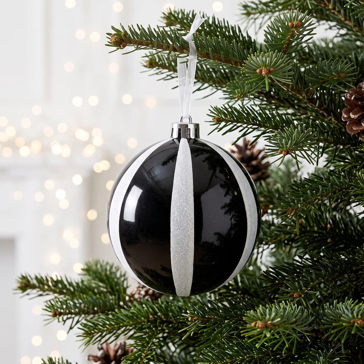 Christmas  -  Black & White Wide Glitter Stripe Bauble - 15cm  -  60486239