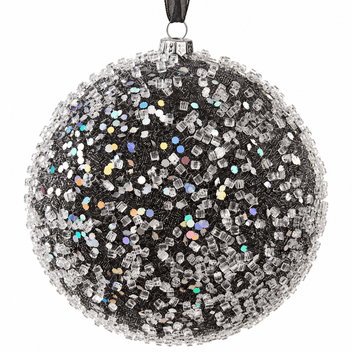 Christmas  -  Black Frosted Bauble with Glass Beads & Sequins - 15cm  -  60486191