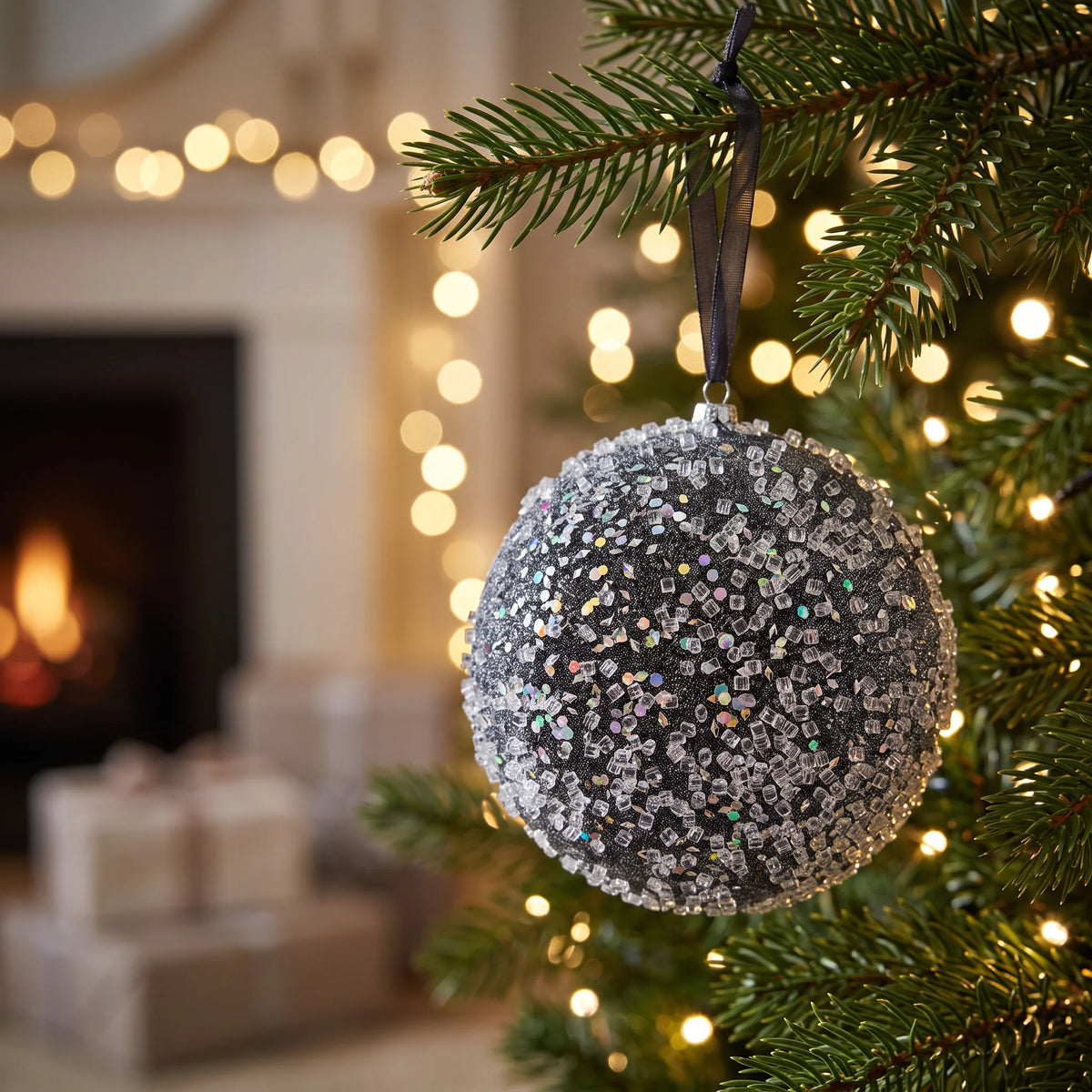 Black Frosted Bauble with Glass Beads & Sequins - 15cm, hanging on a Christmas tree with warm white fairy lights, featuring sparkling glass beads and iridescent sequins.