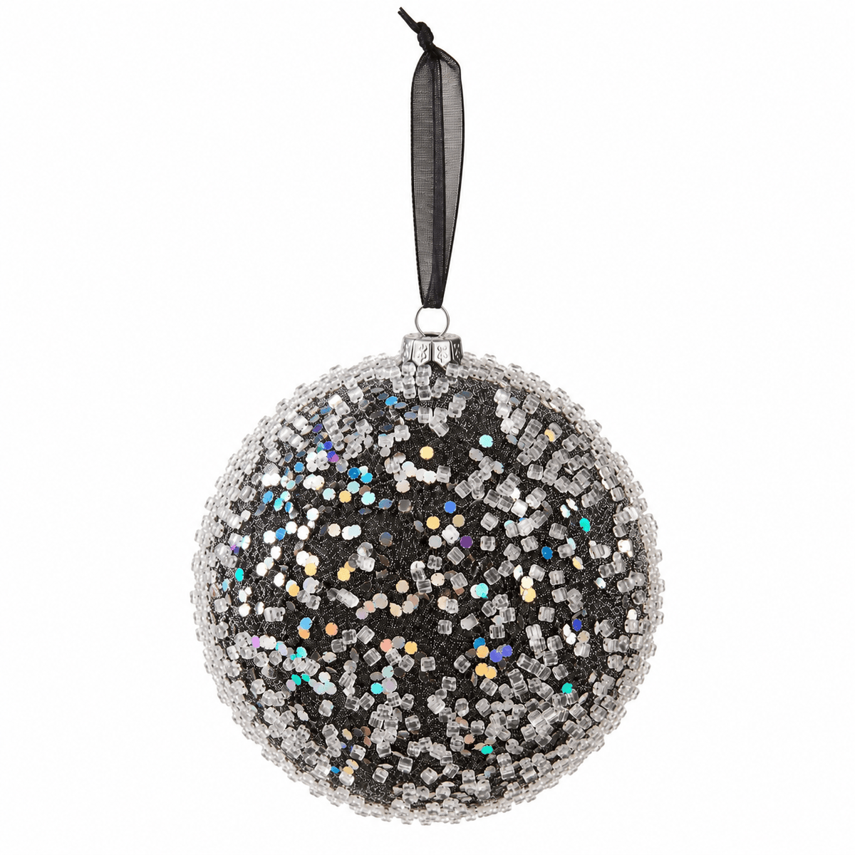 Christmas  -  Black Frosted Bauble with Glass Beads & Sequins - 15cm  -  60486191
