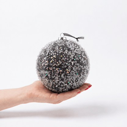 Christmas  -  Black Frosted Bauble with Glass Beads & Sequins - 15cm  -  60486191