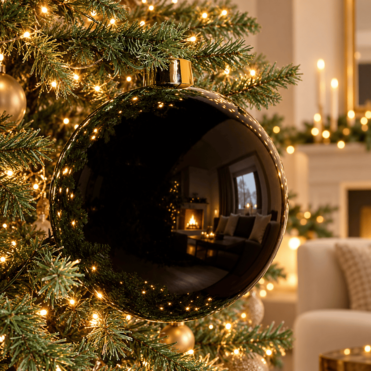 Black Shiny XXXL Bauble 25cm oversized glossy black Christmas tree decoration with warm festive lights.
