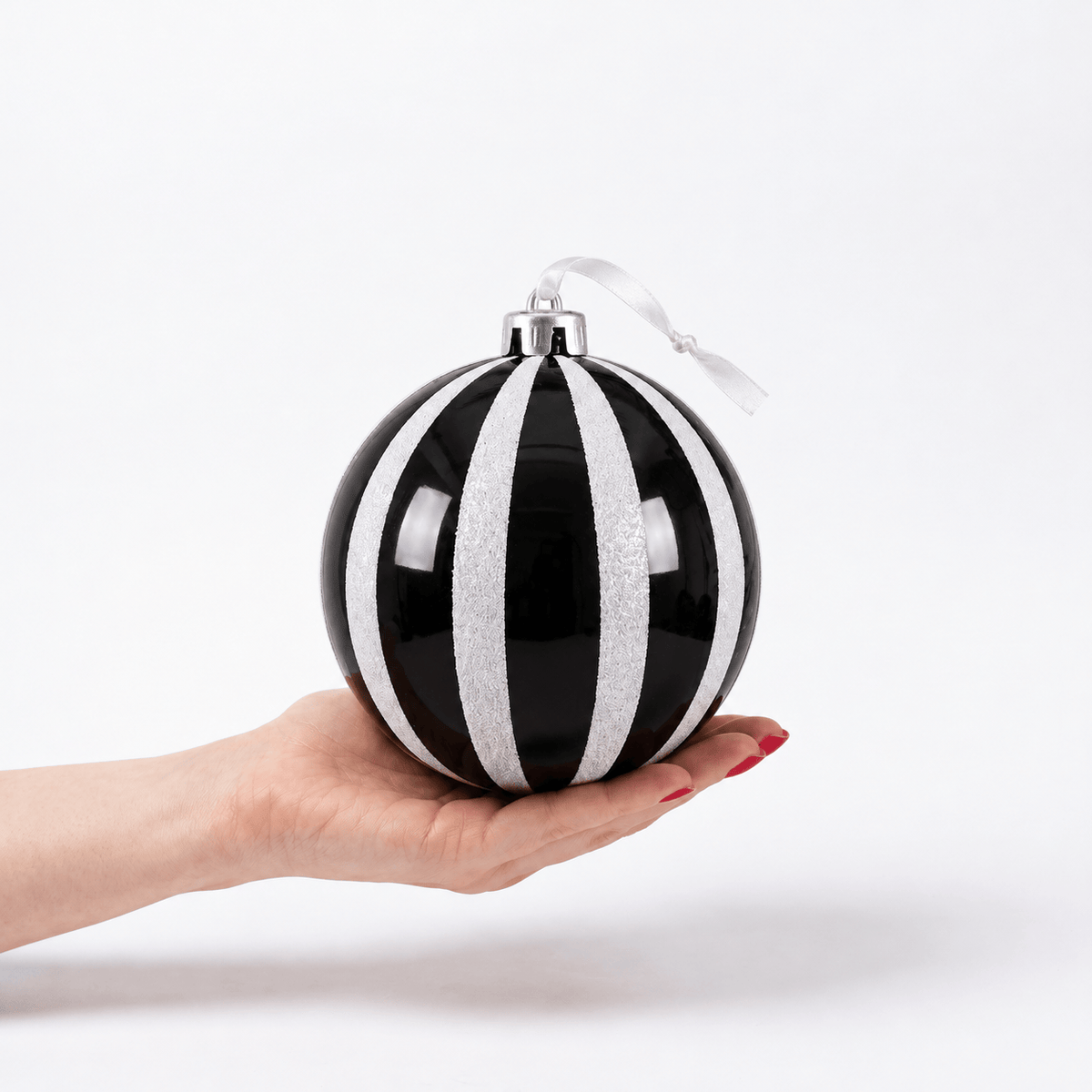 Christmas  -  Black & White Fine Glitter Stripe Bauble - 15cm  -  60486238