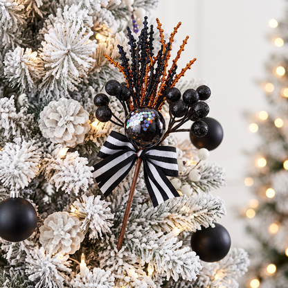 Black & White Pick 32cm styled in flocked Christmas tree with striped bow and glitter berries