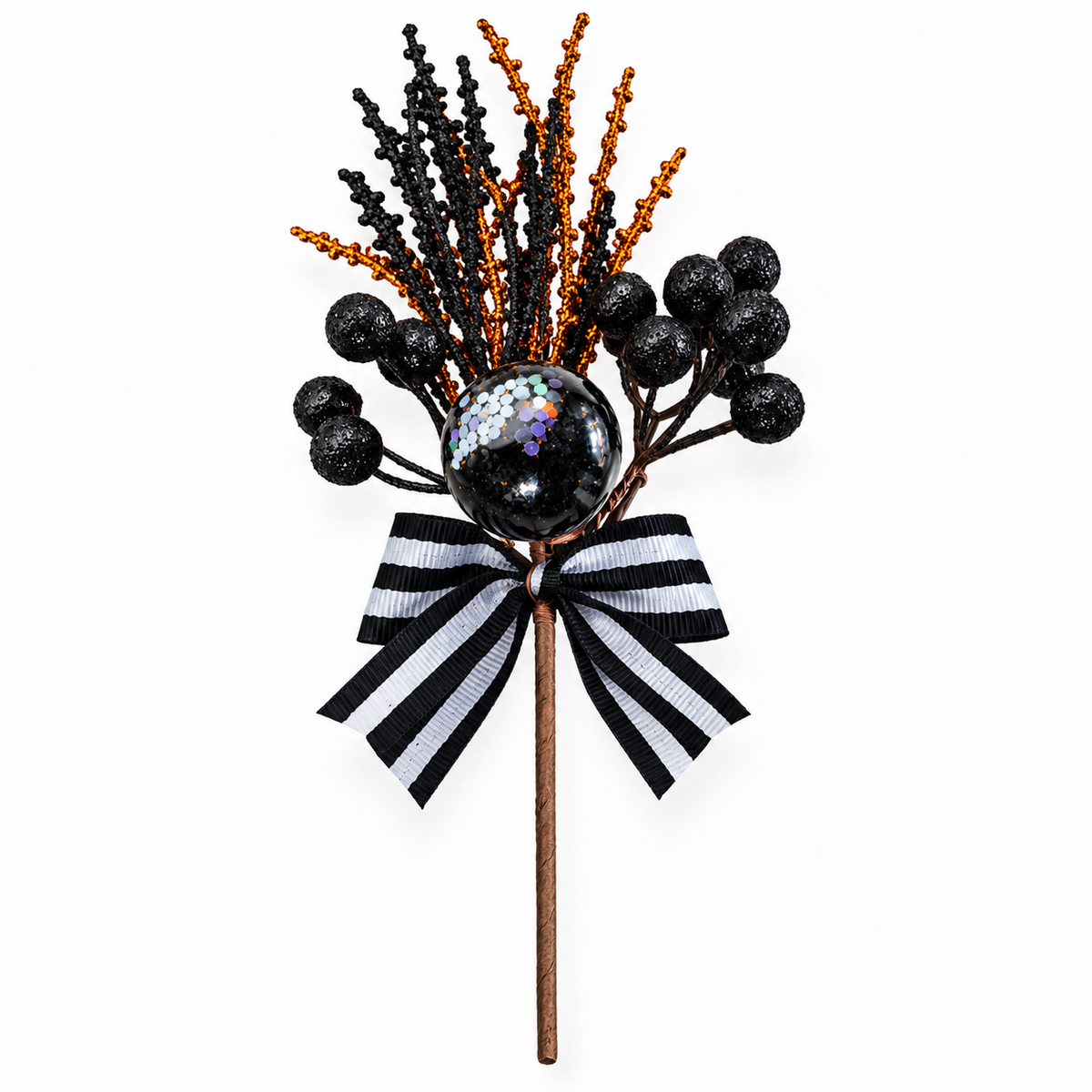 Black & White Pick 32cm Christmas decoration with black glitter berries orange stems and striped bow
