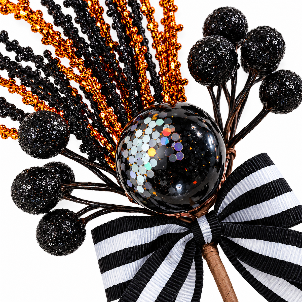 Black & White Pick 32cm close-up with iridescent black bauble glitter berries and monochrome ribbon bow