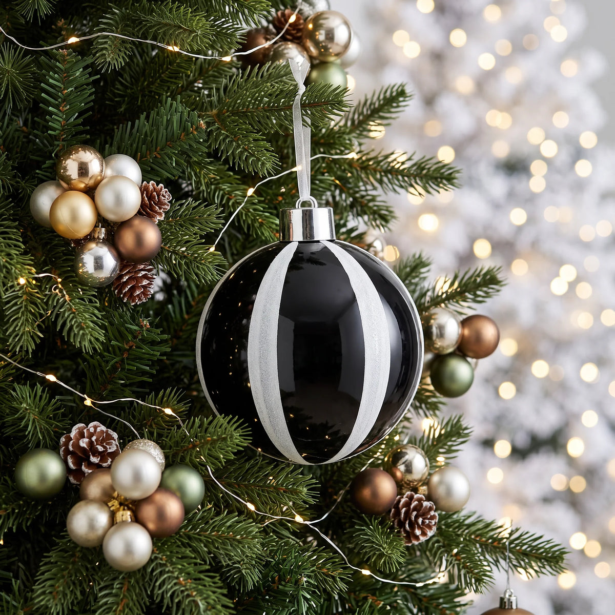 Christmas  -  Black & White Glitter Wide Glitter Stripe Bauble - 20cm  -  60486242