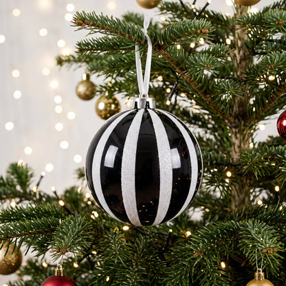 Christmas  -  Black & White Fine Glitter Stripe Bauble - 15cm  -  60486238