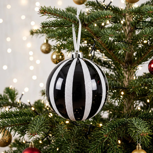 Christmas  -  Black & White Fine Glitter Stripe Bauble - 15cm  -  60486238