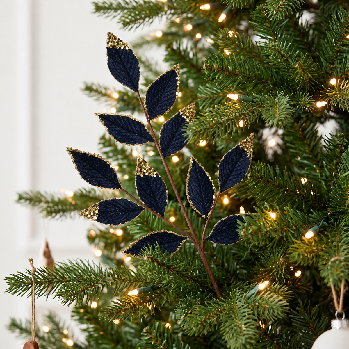 Blue & Gold Velvet Glitter Leaf Spray 75cm styled in Christmas tree
