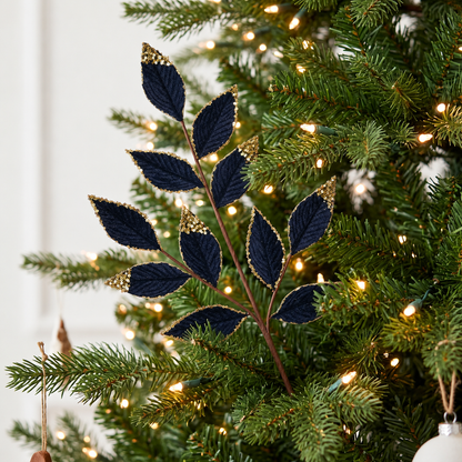 Blue & Gold Velvet Glitter Leaf Spray 75cm styled in Christmas tree