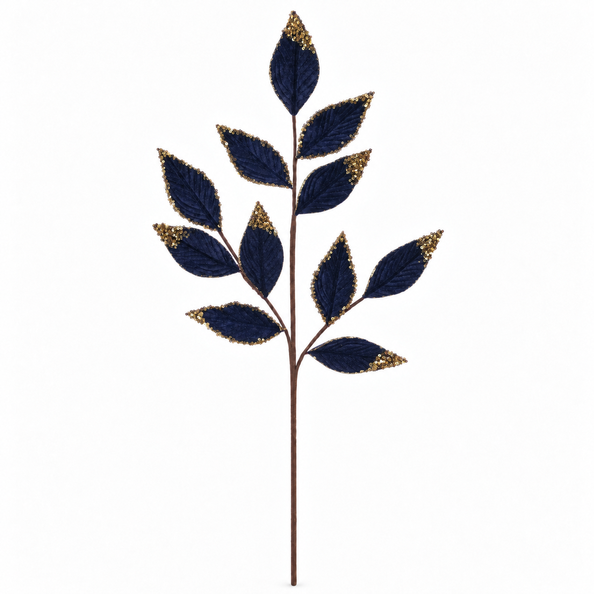 Blue & Gold Velvet Glitter Leaf Spray 75cm Christmas foliage decoration on white background